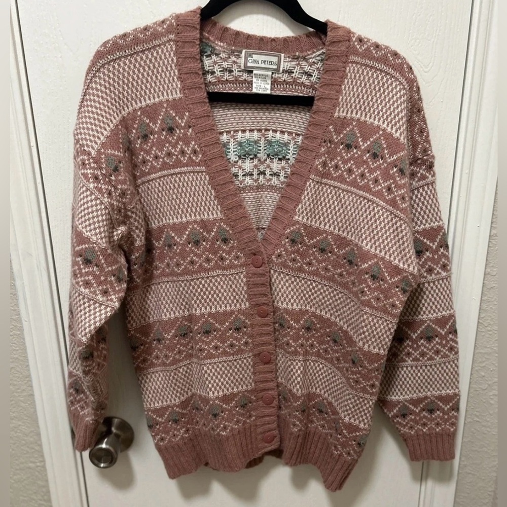Gina Peters Vintage Grannycore Cottagecore Cardigan Cozy Sweater Dusty Pink Sz L